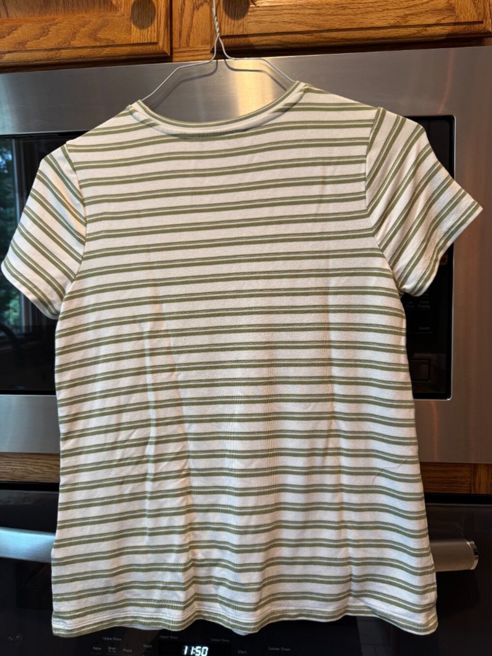 Liverpool Los Angeles Short Sleeve Striped Classic Pullover White & Olive Grn S - Picture 2 of 5